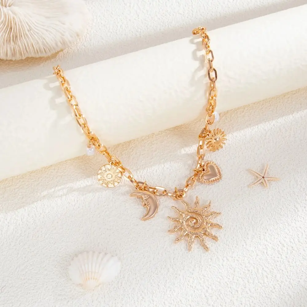 الإبداعية الأزياء الشمس القمر قلادة خمر القلب سلاسل المختنق سبيكة الرجعية المبالغة قلادة الشاطئ