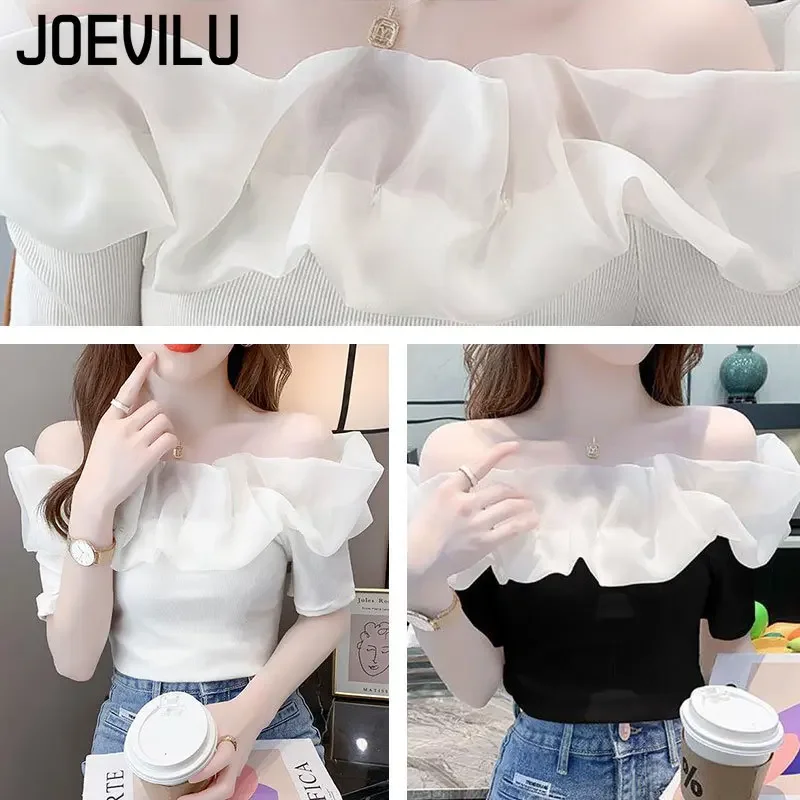 Off Shoulder Top Sexy Exposed Clavicle Ruffled Short Sleeve T-shirt Female Summer Chic Elegant Blouses Niche Fairy Kawaii Tops