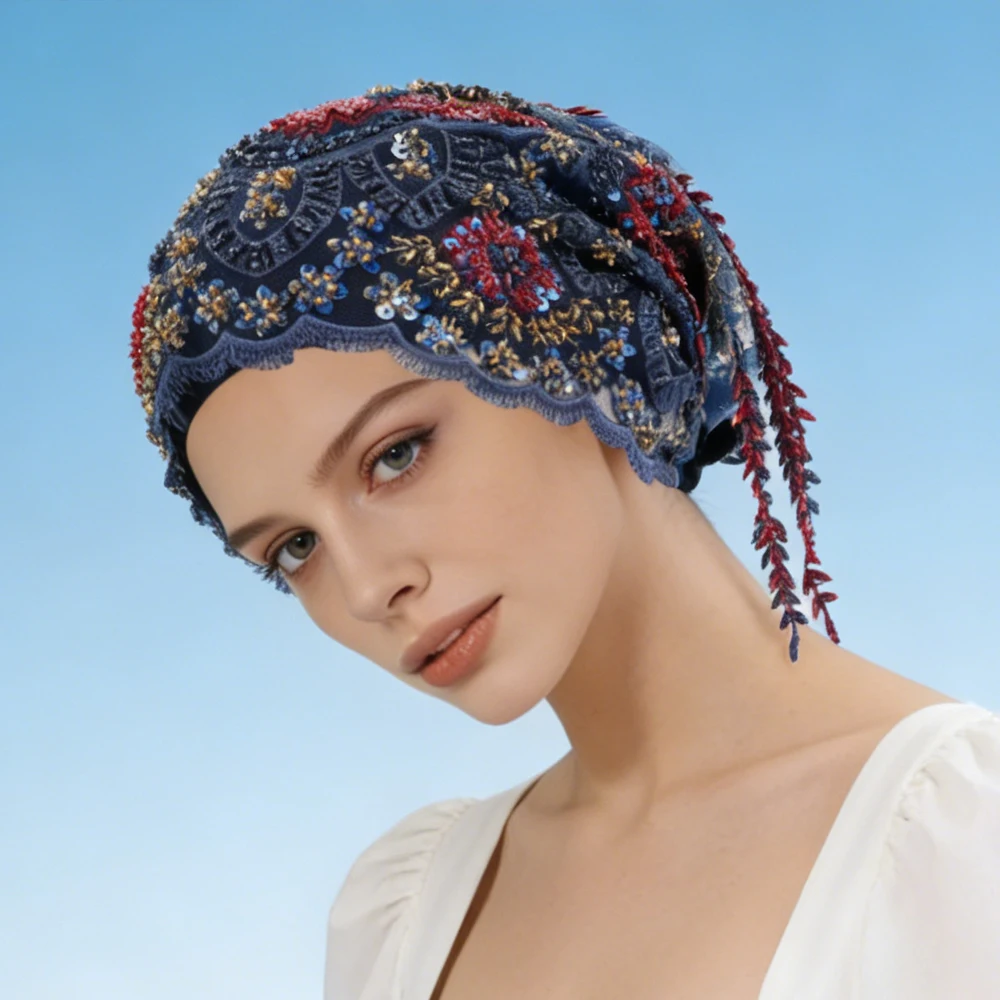 

Lace Underscarf Beading Inner Hijab Hat Women Muslim Hijab Tassel Embroidery Headscarf Beanies Bonnet Wedding Party Headwear Cap