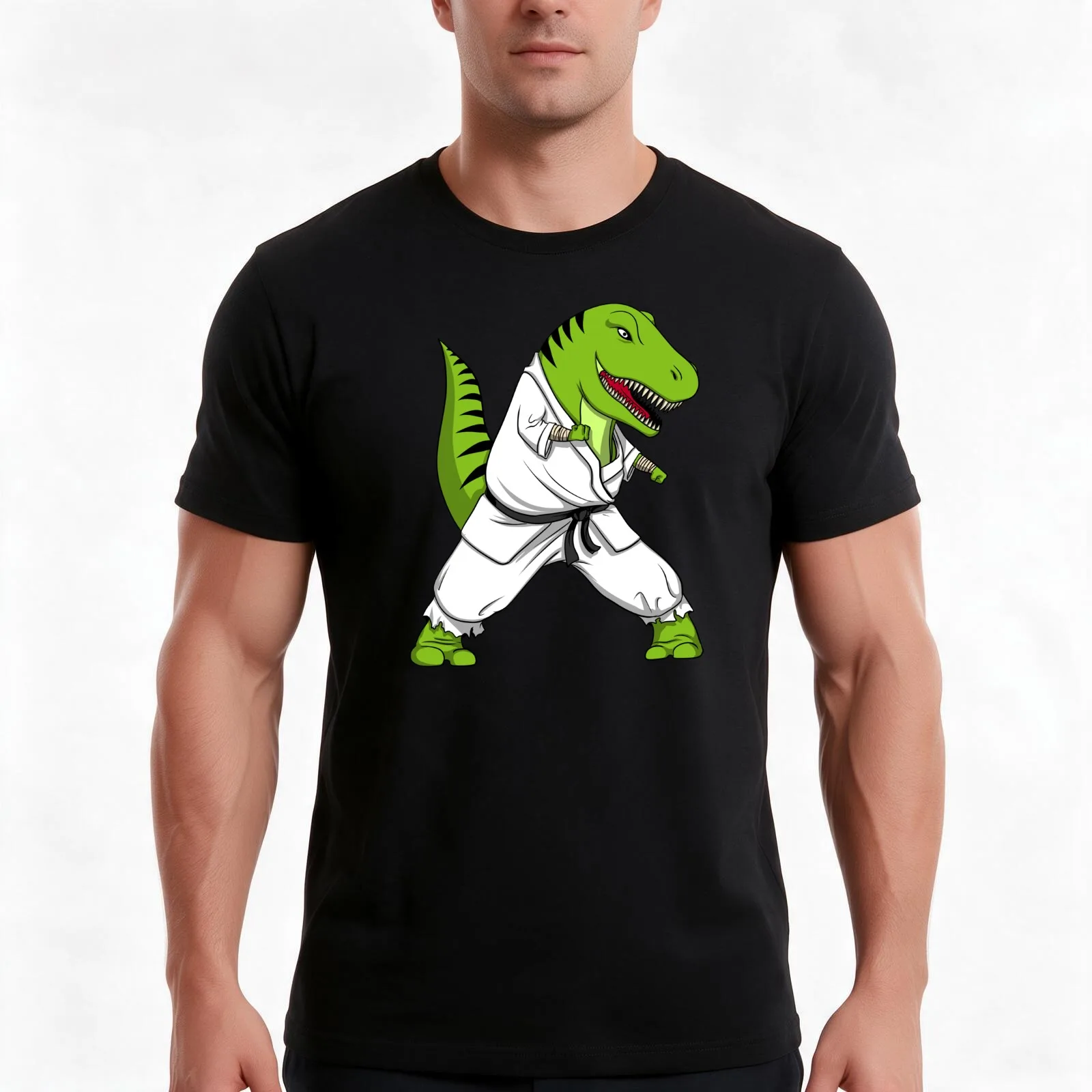 T-Rex Dinosaur Karate T-Shirt, Summer Casual Cotton Tee, Oversized Streetwear Tops, Vintage Graphic Print, Unisex Men Women