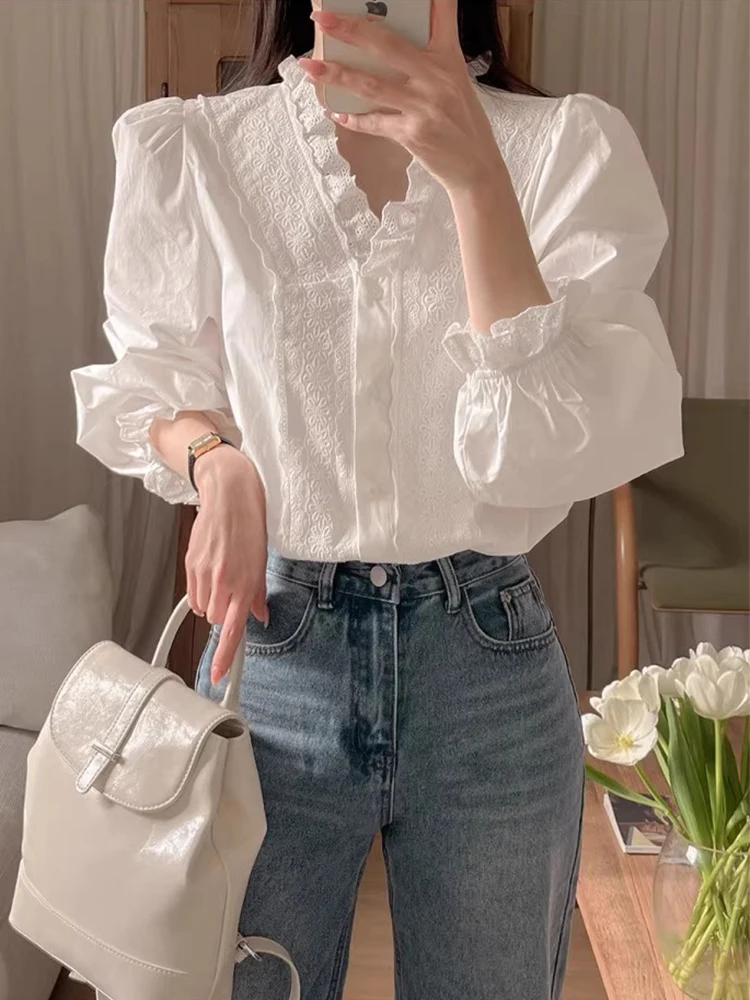 Csa con adorno de encaje dulce para mujer, nuevo estilo de primavera, manga de burbuja, Top de Color puro, corte hoado, ...