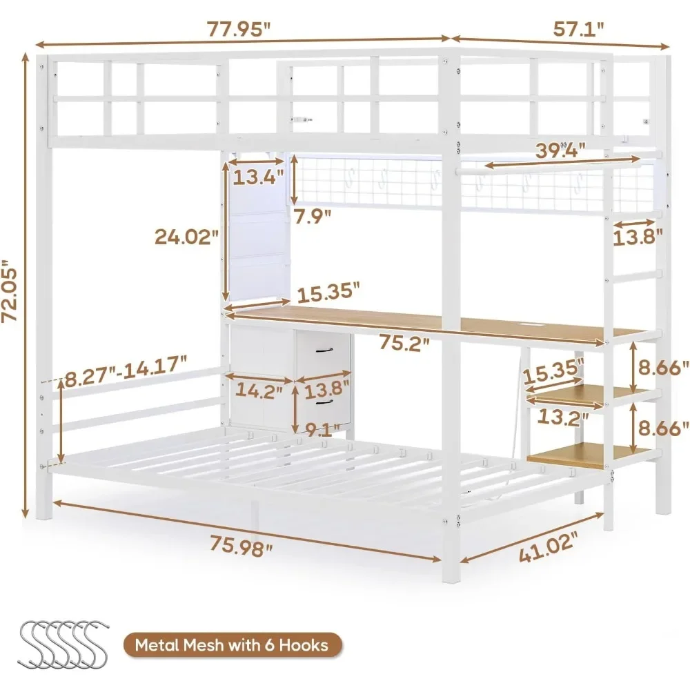 Full Over Twin Bunk Bed with Desk and Led Lights, Charging Station, Storage Shelves and Drawers, Safety Guard&Ladder, Metal Bed image 2