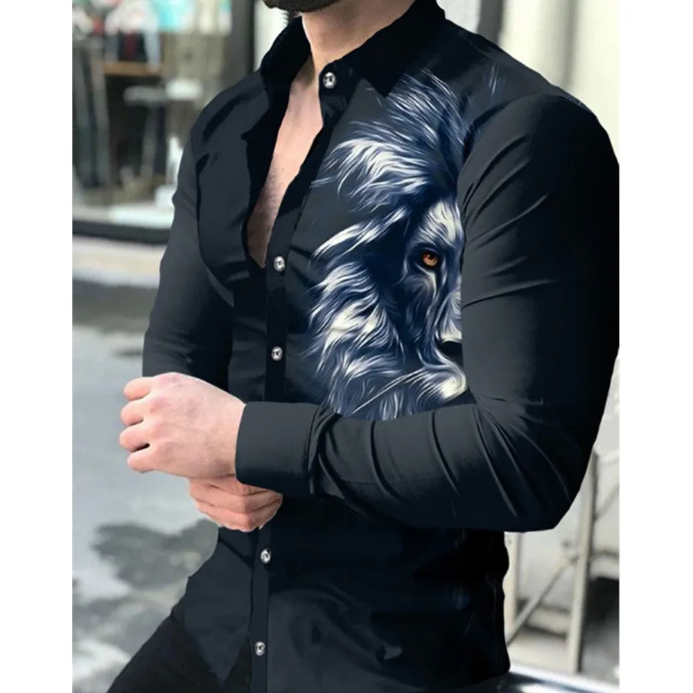 

Fashion Men Long Sleeve Shirts Lapel Lion Print Buttoned Shirt Casual Long Sleeve Tops 2026 Men's Personality Street Clothing
