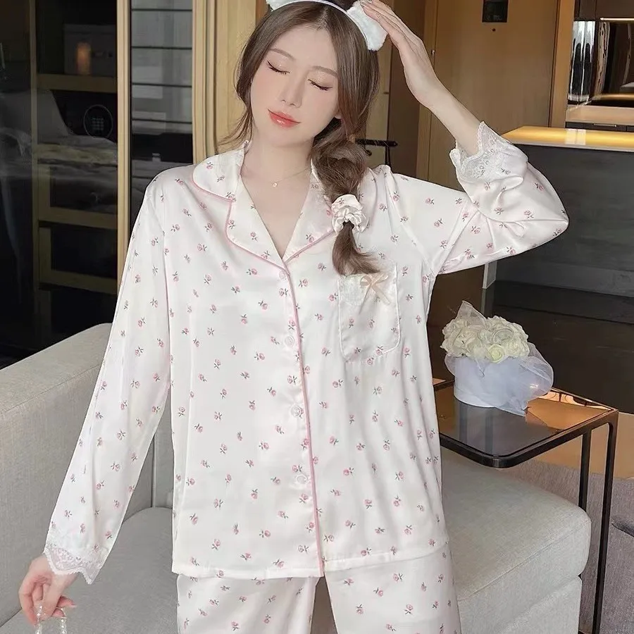 طقم ملابس نوم نسائية خفيفة الوزن للربيع/الخريف: بلوزة وسروال بأكمام طويلة باللون الوردي الخوخي الحلو للمنزل #3