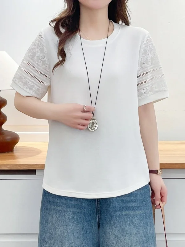 Summer Women's Crew Neck T-Shirt Hollow out Splice Half Sleeve round Neck Large Size Short Sleeve Top Casual Comfortable Poly...