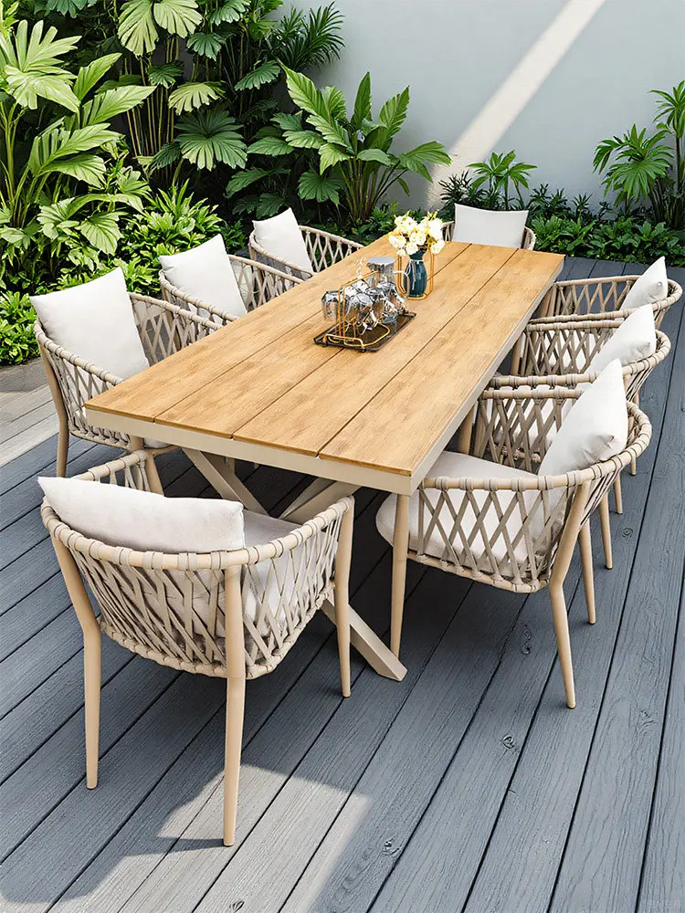 

Скандинавские уличные столы и стулья для двора, сада, террасы, виллы, комплект для отдыха на открытом воздухе, плетеные из веревки.