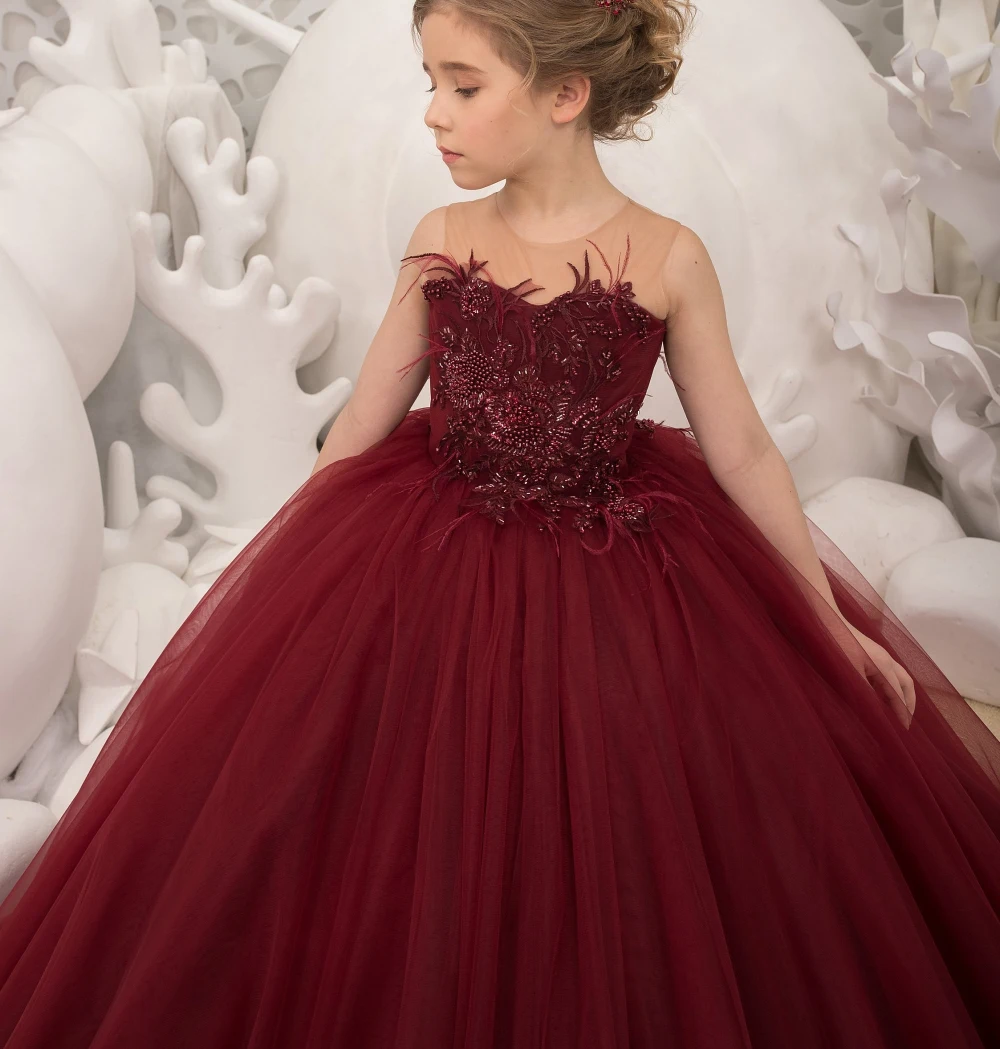 Lorencia Burgundy Flower Girl Dress For Wedding Tulle Fluffy Applique Crystal Princess Birthday First Communion Gown YFD019