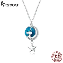 Bamoer Genuine 925 Sterling Silver Blue Enamel Moon & Cat Pendant Necklace Star Neck Chain for Women Gift Fine Jewelry SCN422