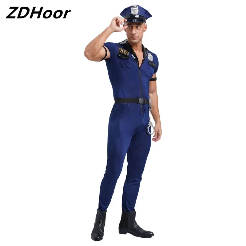 

Полицейский косплей, комбинезон для мужчин, Хэллоуин, косплей, передняя молния, комбинезон, шляпа, пояс, наручники, значок, костюмы полицейского из 7 предметов