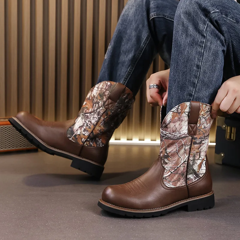 British Style Western Boots Men Retro Brown Leather Slip-on Cowboy Boots Man Fashion Print High Top Men's Boots bota masculina