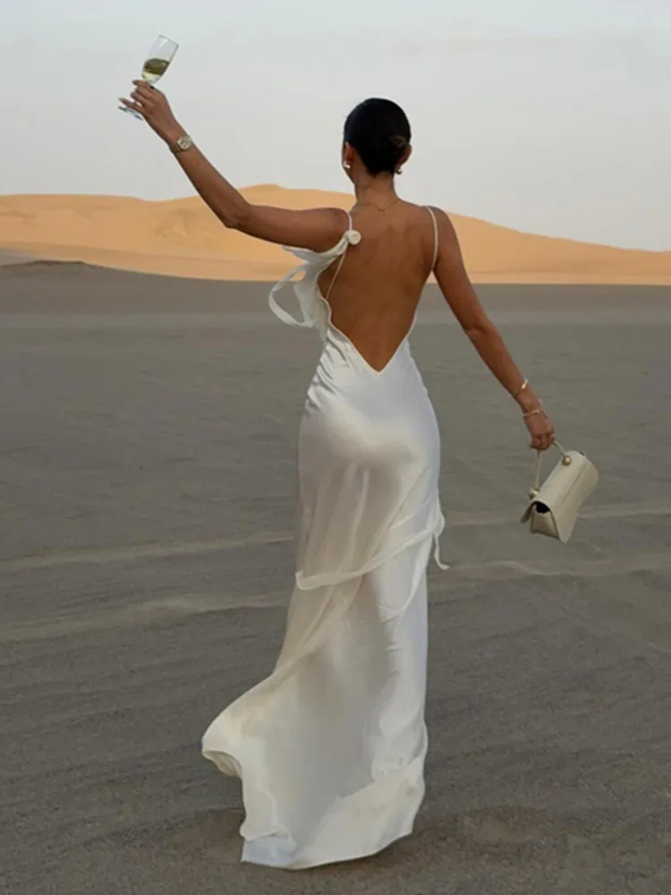 HG Elegant 3d Flowers Backless Dress Women Bodycon Swing Collar Sleeveless White Sling Maxi Robe Summer Lady Evevning Vestidos view 6