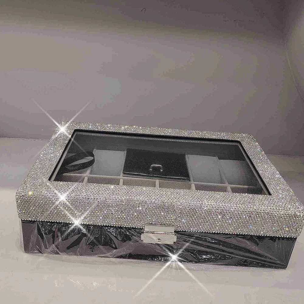 Luxury Rhinestone Jewelry Box Watch Storage Boxes Organizer PU Leather Watch Storage Case Display Holder for Ring Bracelet