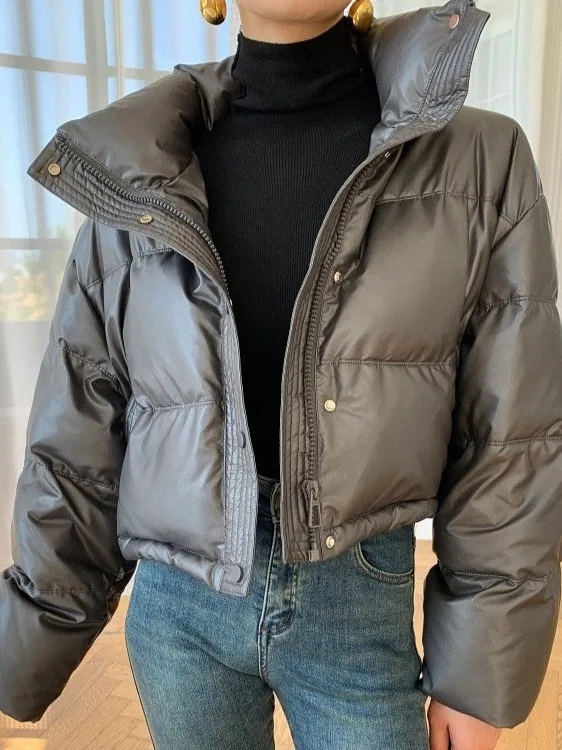 

Retro Sli Design PU Leather Cotton Jaet Women's Korean Version ort Thiened Bread Coat Stand Collar Zipper Closure