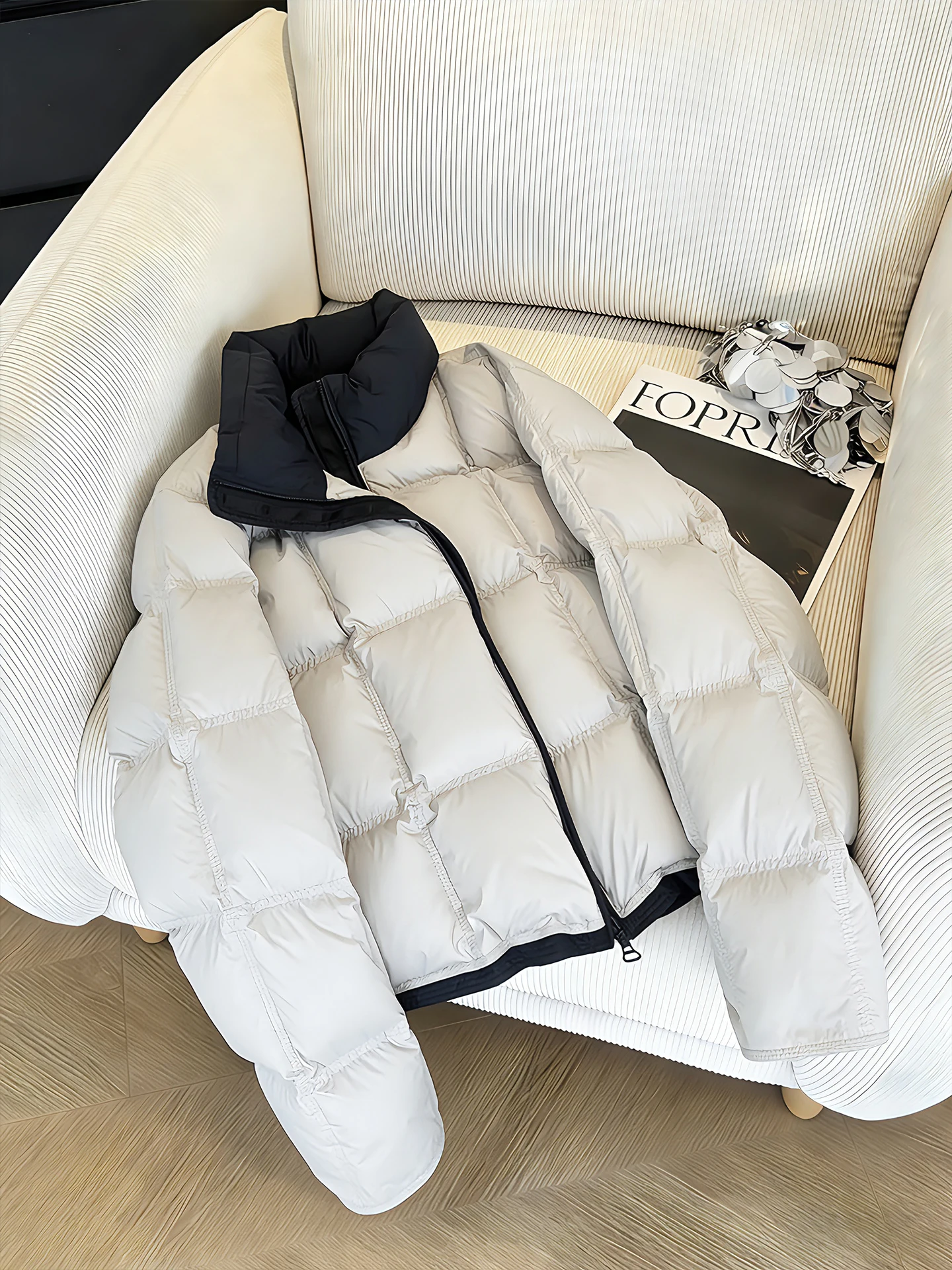 

Loose Korean Sle Women's Cotton Jaet Autumn Winter Faionable Cheered Bread Sle Coat Warm Stand Collar Long Sve Z...