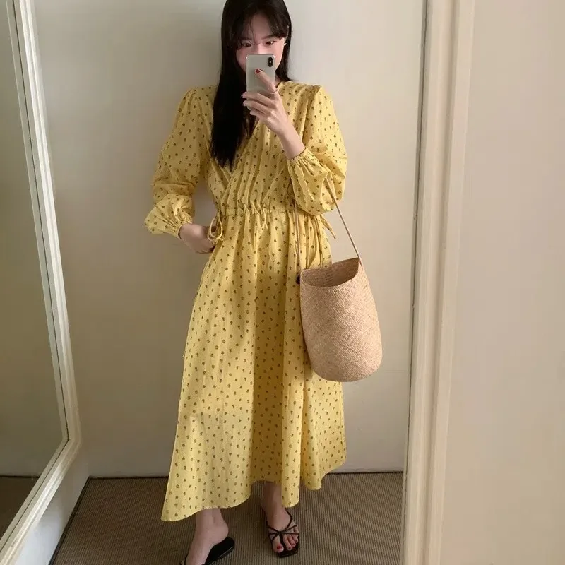 Spring Summer Women's Sweet Yellow Long Floral Dress V Neck Drawstring Waistbelt A-line Midi Vestidos Female 2025