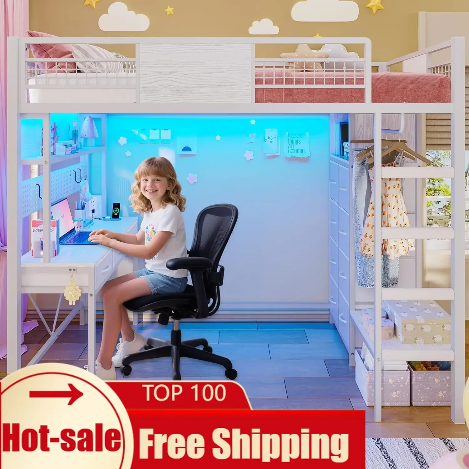 Twin Size Loft Bed With Desk Storage Drawers Rgb Led Lights Metal Loft Bed With Power Outlet Shelves Clothing Rack Safety Guard