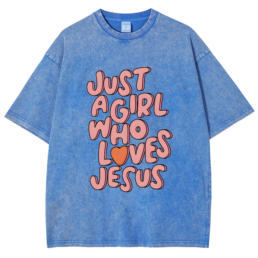 A Girl Loves Jesus Y2K Washed Short Sleeves T-Shirt, Cartoon Creative Printed Unisex Vintage Streetwear Fashion Casual Plus-Size