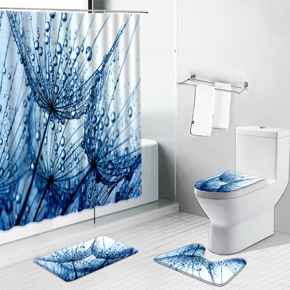 

Dandelion Flower with Waterdrop Shower Curtains Set Cactus Rose Floral Butterfly Scenery Bathroom Decor Non-Slip Carpet Bath Mat