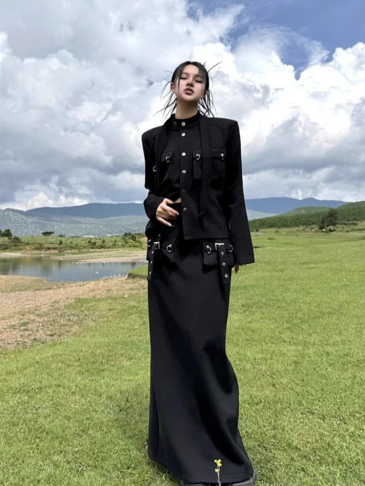 Women's Black Edgy Gothic Set - Maxi Skirt with Metal Buckles & Cropped Cargo Jacket, Vintage Punk Streetwear for Spring Autumn