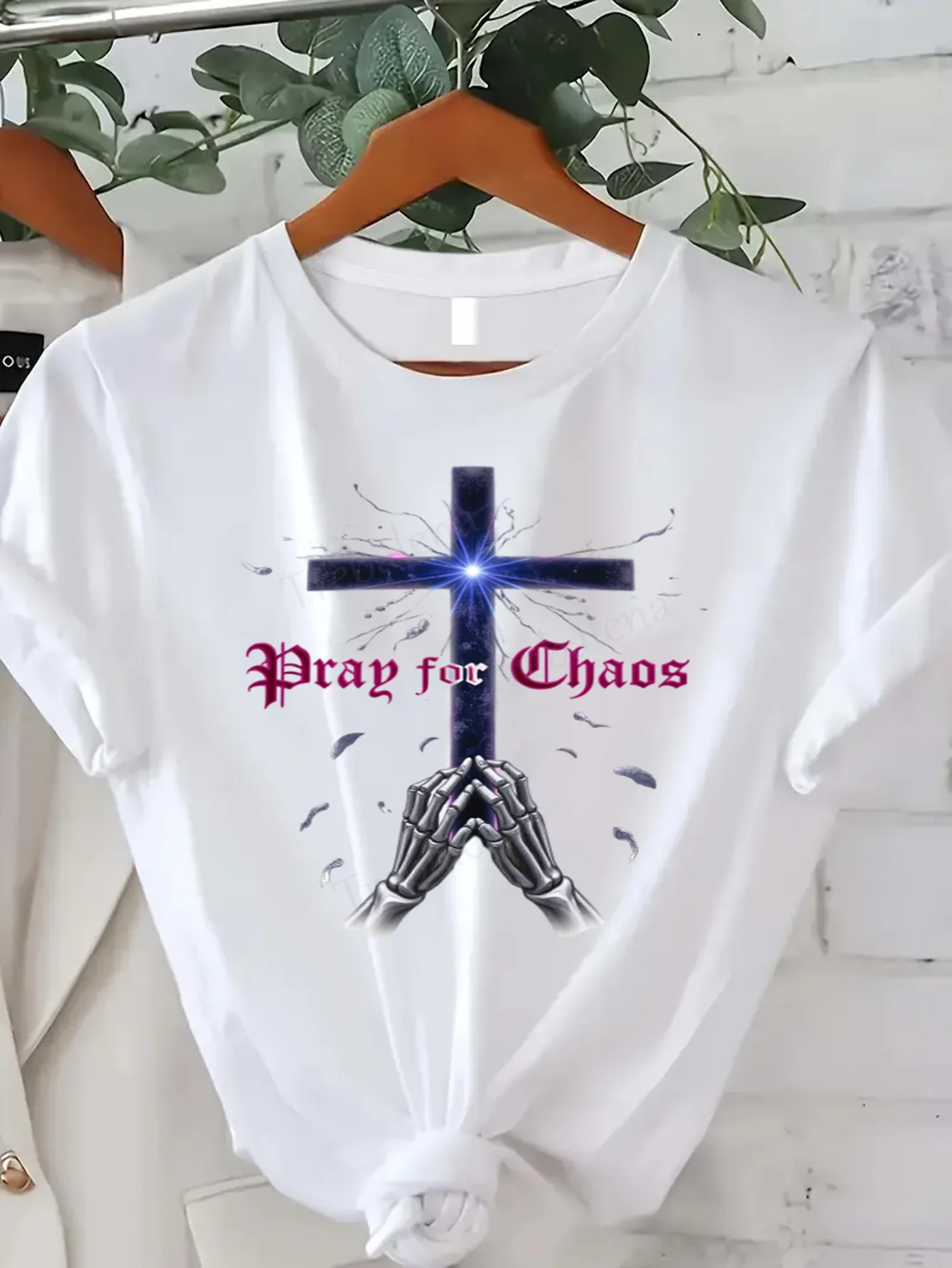 

Футболка с круглым вырезом Pray for Chaos, готическая футболка со скелетом и рукавами, женская футболка больших размеров с короткими рукавами, модный повседневный топ