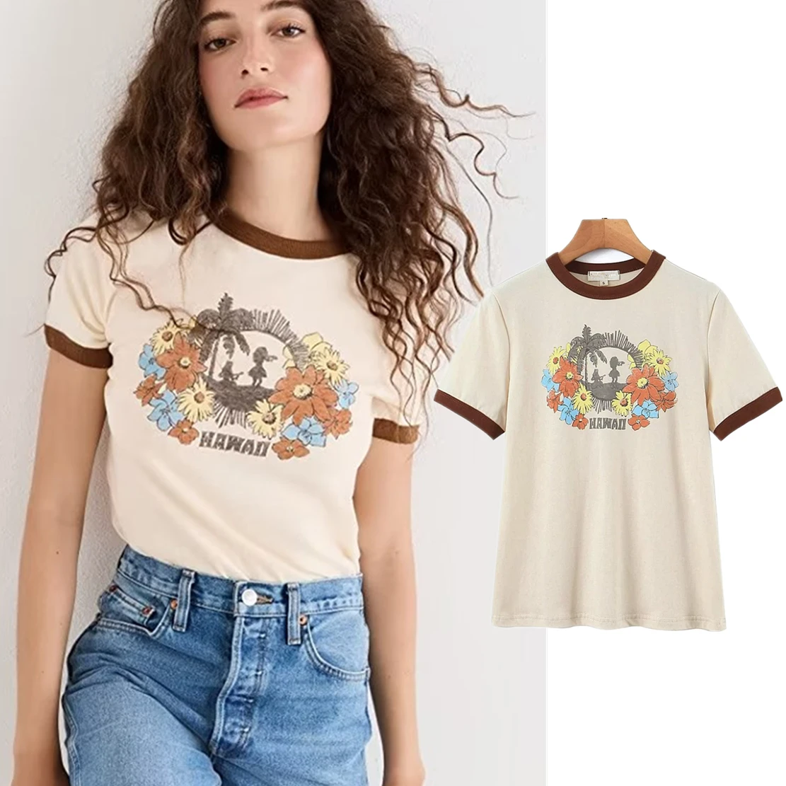 

Withered 2024 Summer Ins Blogger Vintage Printed Contrast Cotton T-shirt Round Neck Top Women