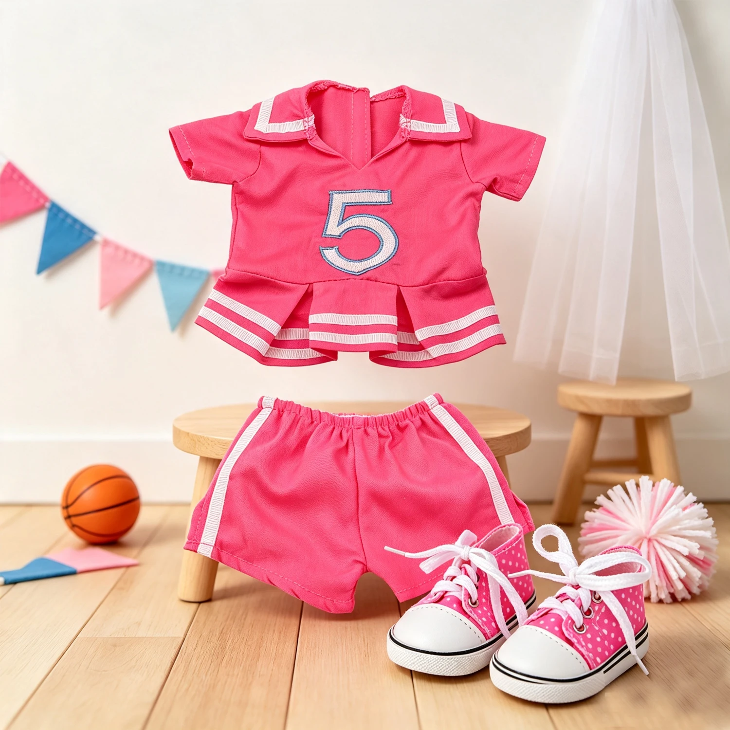 Cute Cheer Squad Doll Costume Number 5 Sailor Collar Top + Shorts + Lace-up Shoes Sport Outfit For 18
