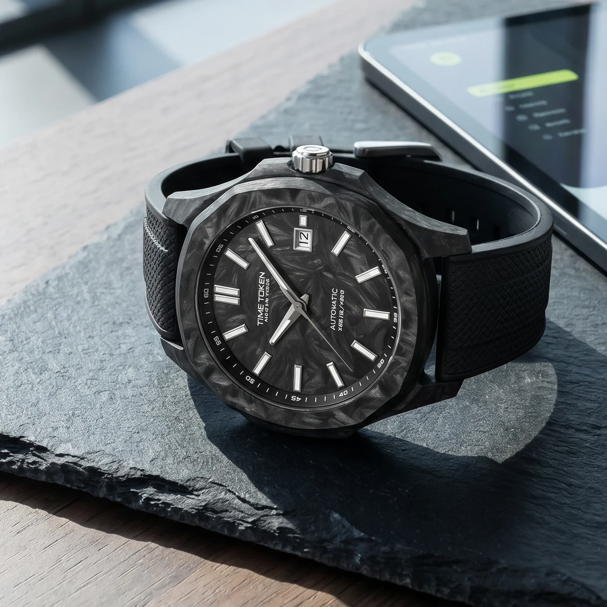 TIMETOKEN 100M Waterproof Men's Sports Watch 43MM Carbon Fiber Automatic Watch Black Rubber Strap Luxury Wristwatch reloj hombre