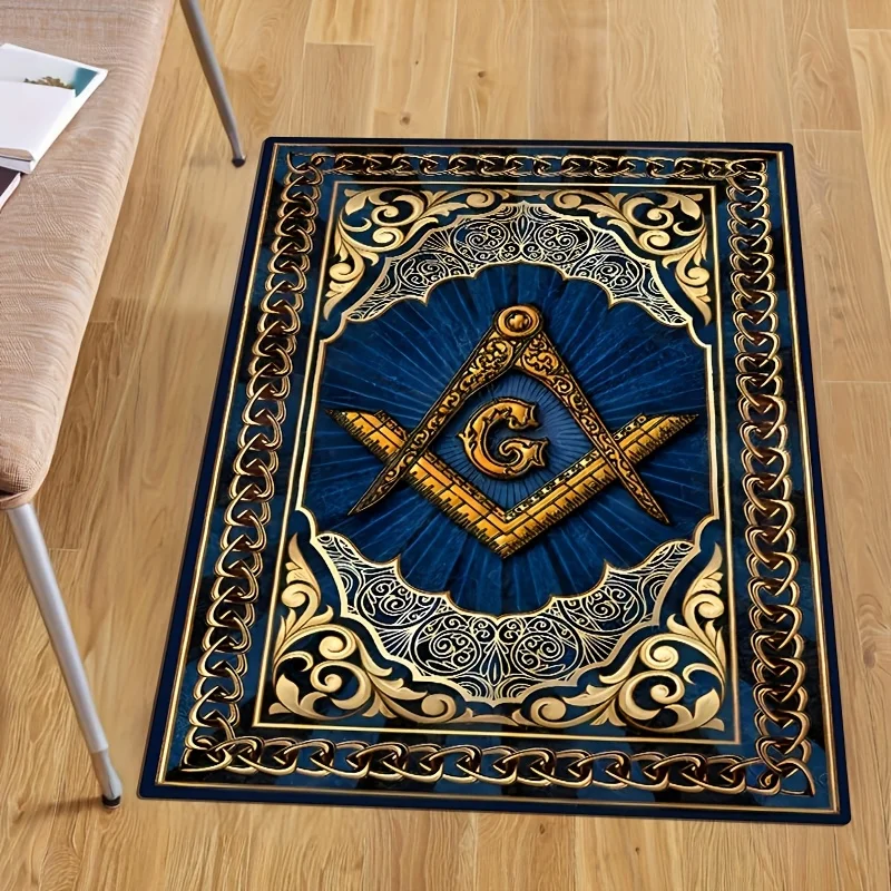 Freemason Compass Crystal Velvet Doormat, 800GSM Gold Navy Non-Slip Machine Washable Luxury Entryway Rug for Home Decor
