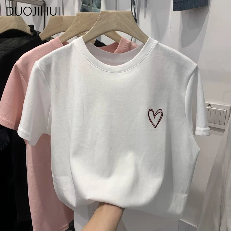 DUOJIHUI rosa Chic stampa dolce semplice Casual femminile t-shirt estate nuova base o-collo tinta unita moda donna allentata t-shirt