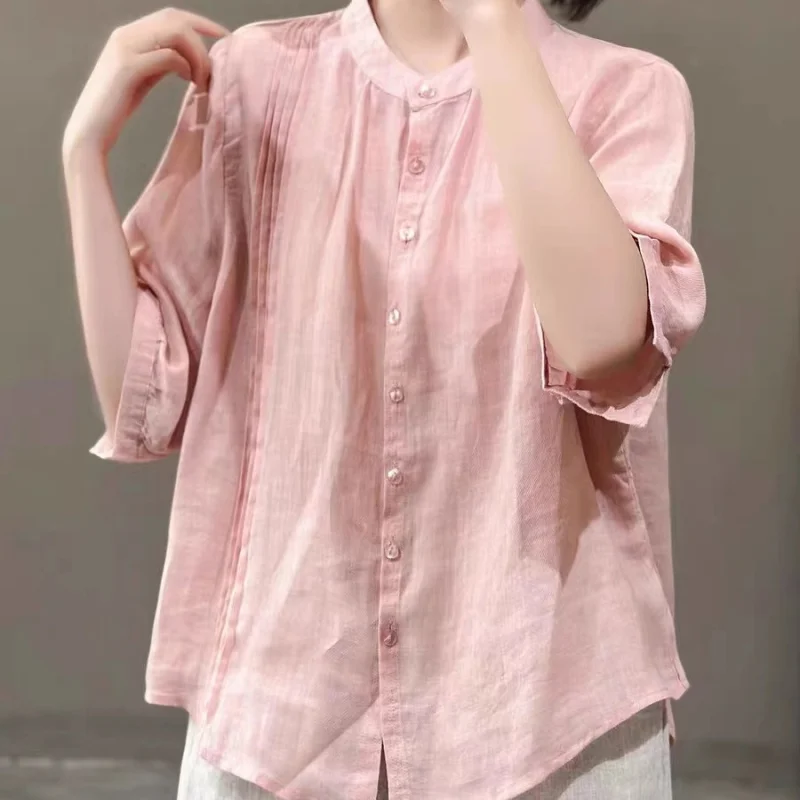 Women Summer Simplicity Loose Fashion Pleated Solid Color O-neck Short Sleeve Blouse Ladies Temperament All-match Elegant Tops