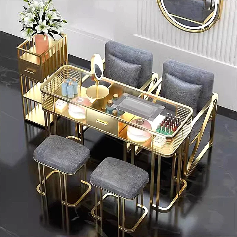 

Luxury Japanese Cream Style Manicure Nail Tables Marble Tabletop Storage and Iron Art Stand Nail Tables Salon Furniture FYMT