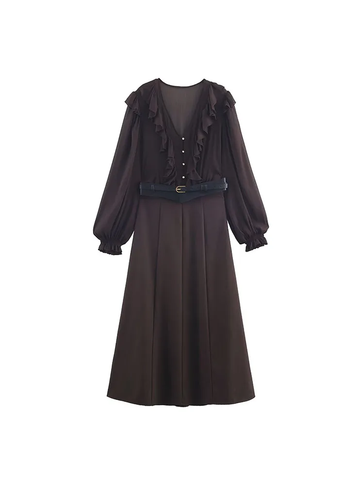 

HH Woman Fashion Spring Long Sleeves V Collar Belt Pleated Lace Decoration Splicing Long Skirt Female Casual Slim Elegant Skirt