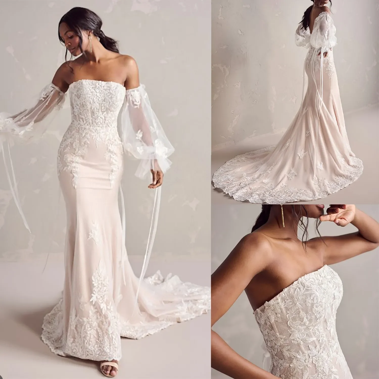 Elegante abito da sposa a sirena senza spalline maniche rimovibili abiti da sposa Appliques Sweep Train abiti abiti personalizzati de novia