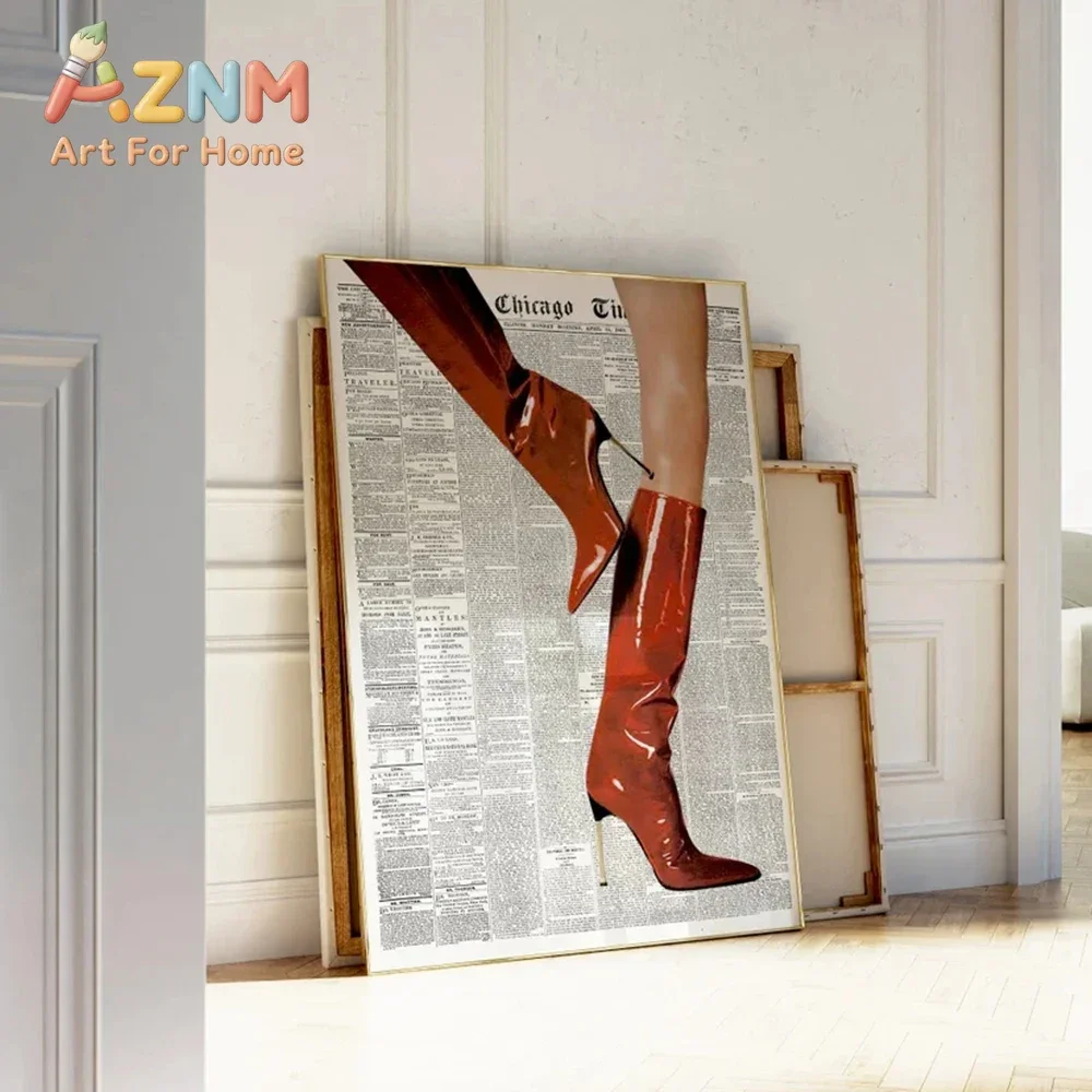 AZNM Red High Heel Boots Vintage Newspaper Canvas Wall Art Fashion Women Aesthetic Art Print Unframed Canvas Poster for Bedroom