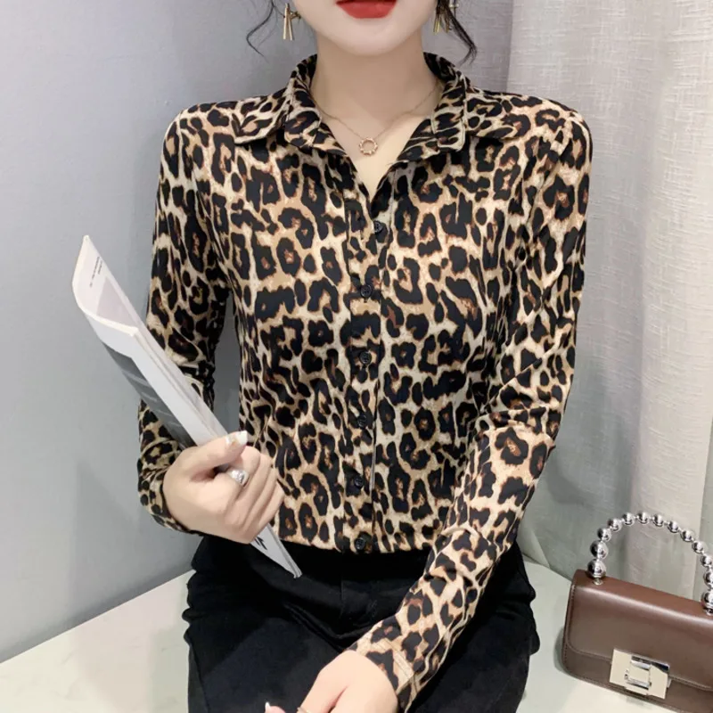 #8017 Leopard Shirt Women Long Sleeve Turn-down Collar Vintage Korean Style Buttons Slim Womens Blouses And Tops Spring Autumn