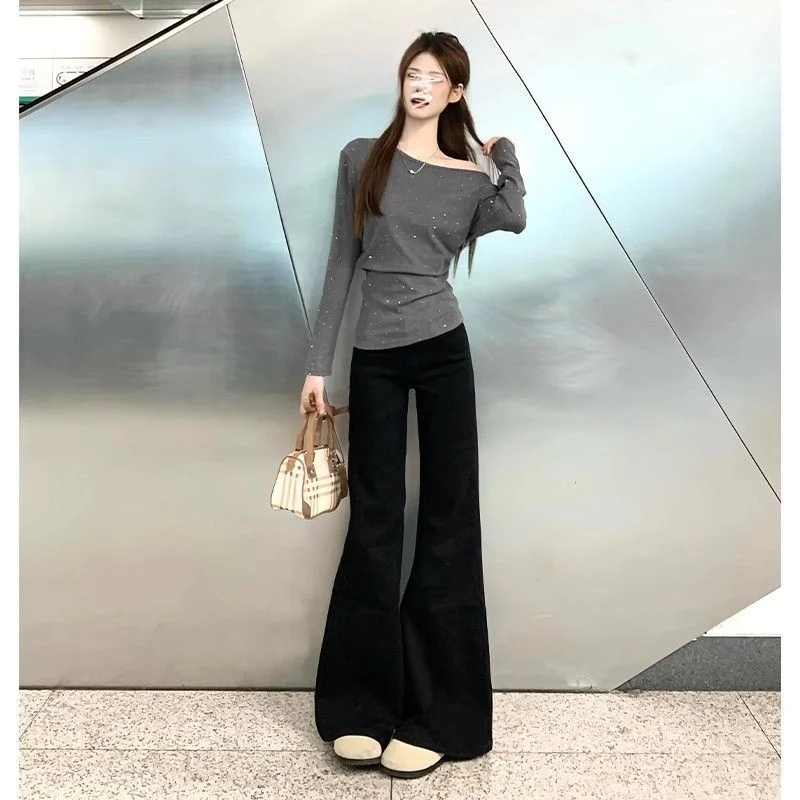 

Джинсы Bootcut, женские высокие короткие тканевые джинсы с рюшами на молнии, микроэластичные джинсы-карго, красивые художественные текстурированные брюки с высокой талией и разрезом