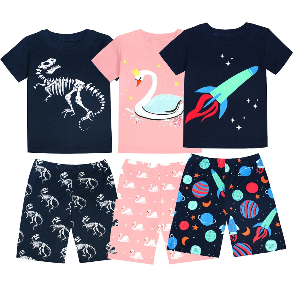 100% Cotton Boys Girls Pajamas Sets Kids Toddler 1 to 2 3 4 5 6 7 8 Years Short Sleeve Set Dinosaur Print Children Home Clothing