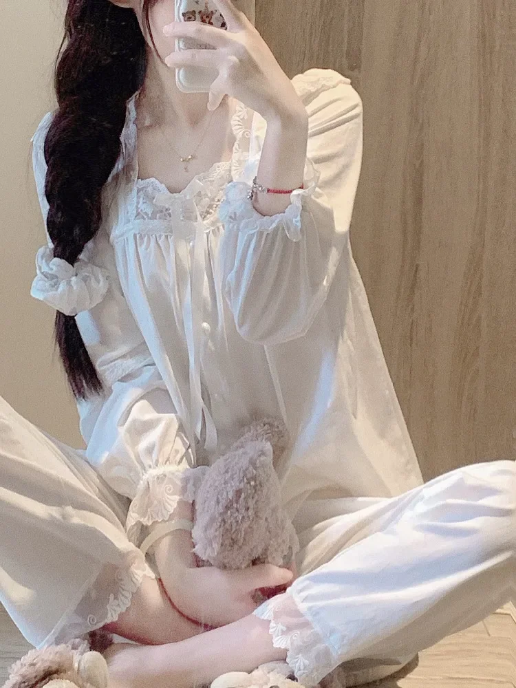 Large size 100kg princess style white long sleeved pajamas for women's spring 2024 new spring autumn new Chinese style home set