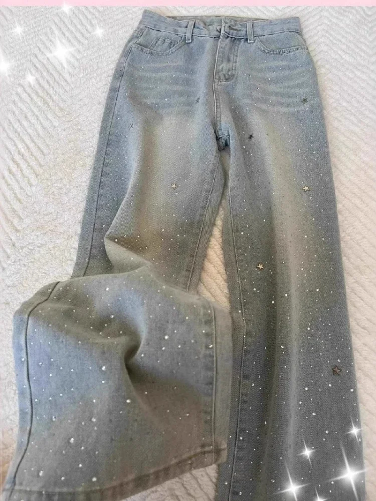 Women Wide Leg Baggy Jeans Lady Vintage Y2K Low Rise Waist Denim Pants Streetwear Sequins Rhinestone Trousers Women's Clothing
