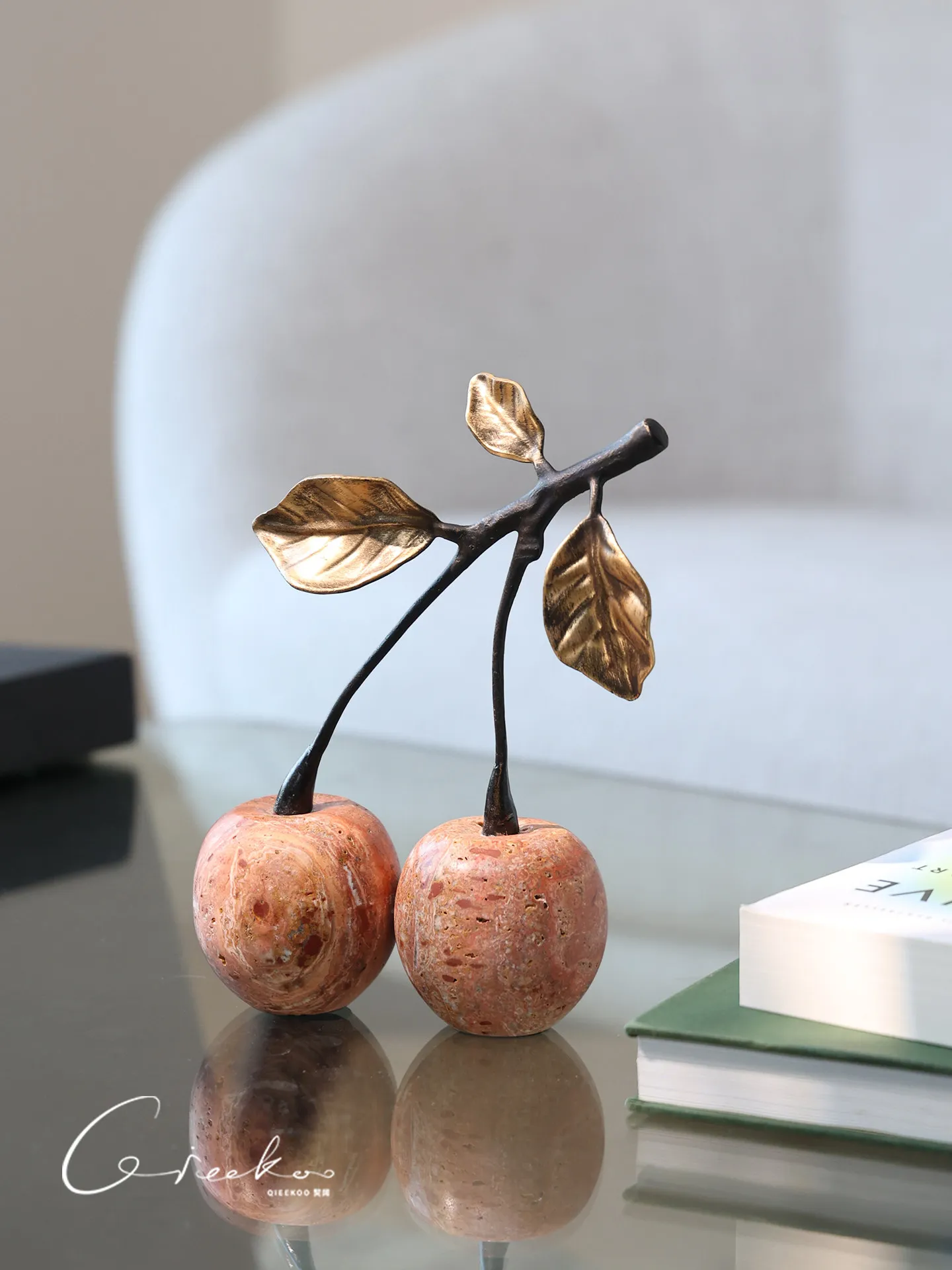 Modern Minimalist Natural Travertine Cherry Figurine, Luxury Niche Art Decor for Entryway Living Room Tabletop