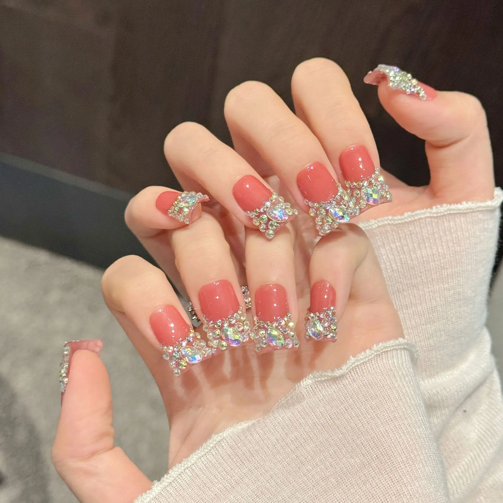 10pcs Flash Diamond French Style Press On Nails Handmade Pink Short Duckbill Fake Nails Light Luxury False Nail For Spicy Girls