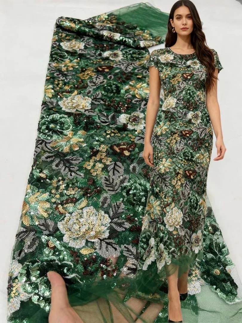 

African Heavy Sequins Tulle Lace Fabric 2025 High Quality Lace French Luxury Sequins Beaded Lace Fabric For Wedding Dress Women