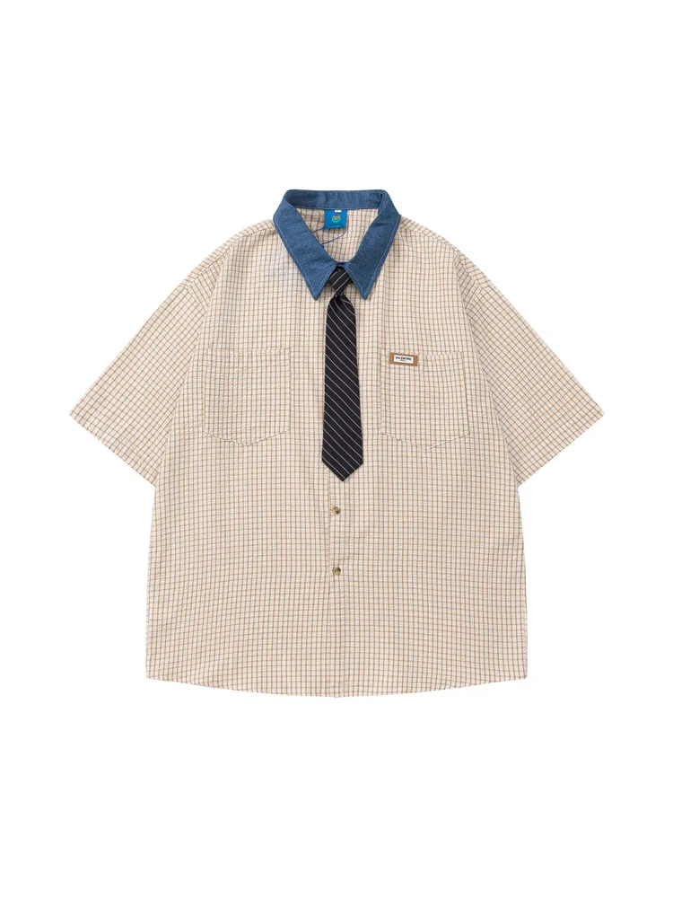 Sycpman Vintage JK Academy Style Tie Plaid Short Sleeve Shirts for Men Trendy Streetwear Summer Loose Casual Shirt