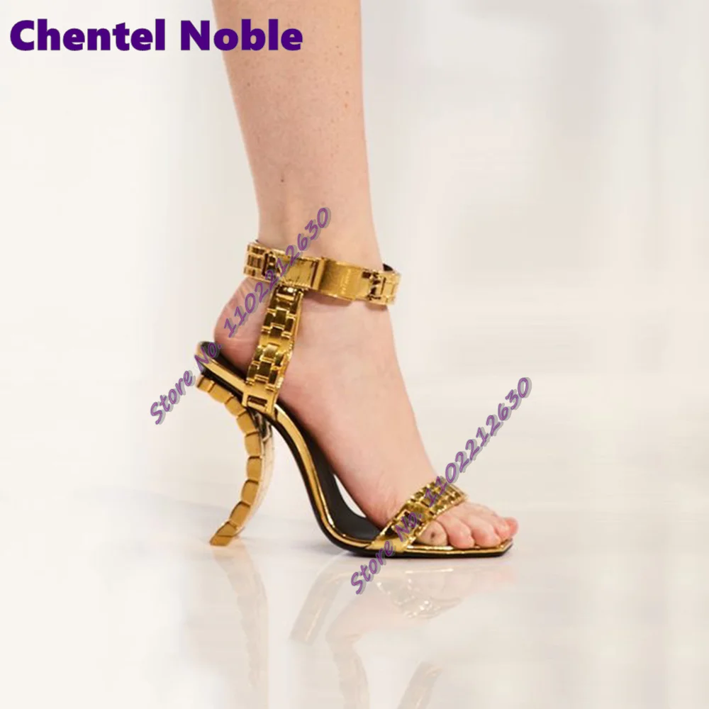 

Metal Strap Sandals Square Toe Buckle Open Toe Strange Style High Heeled Summer Sexy Fashion Luxury Women Shoes Party Catwalk