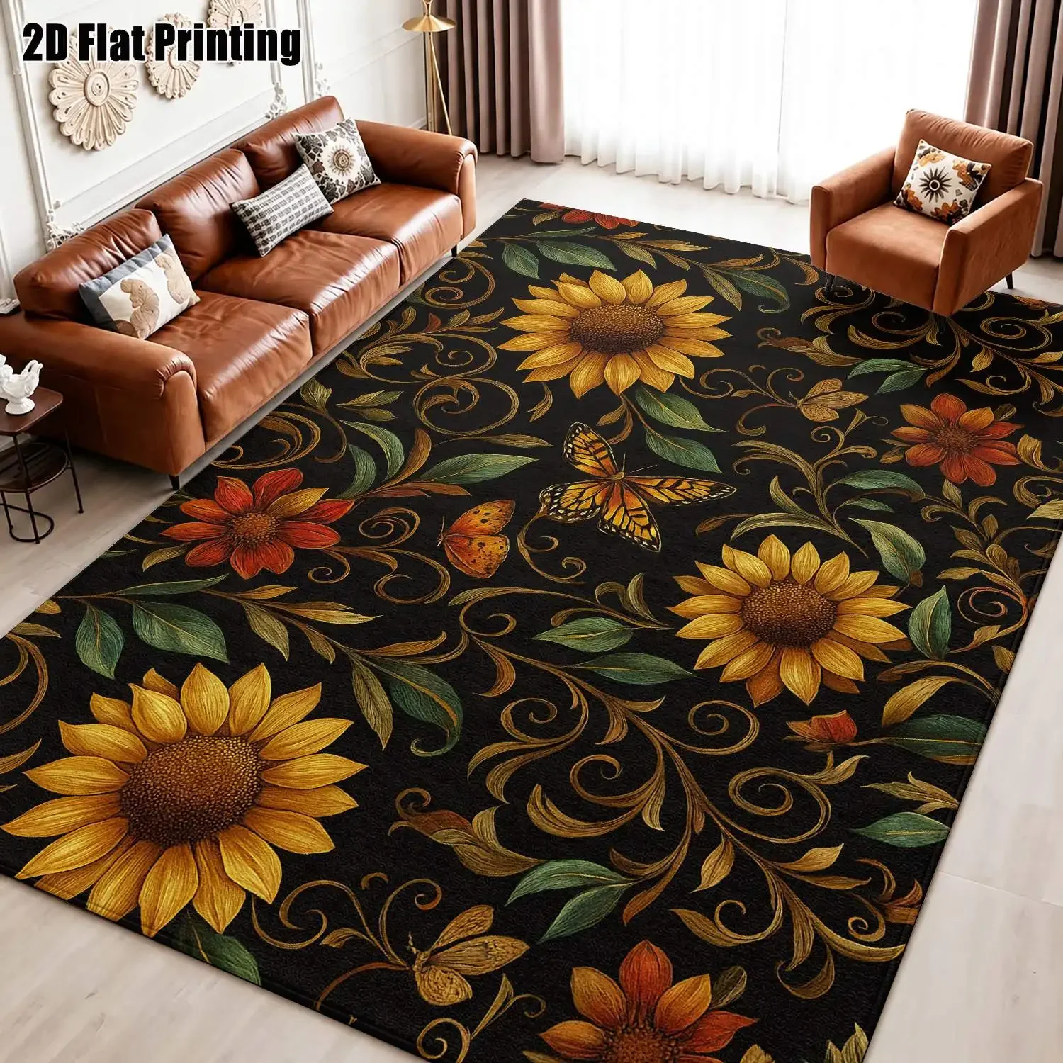 1Pc 2D Printed Retro Sunflower Butterfly Carpet, European/Bohemian Geometric Floor Mat, Home Decor, Multi-Size, Machine Washable