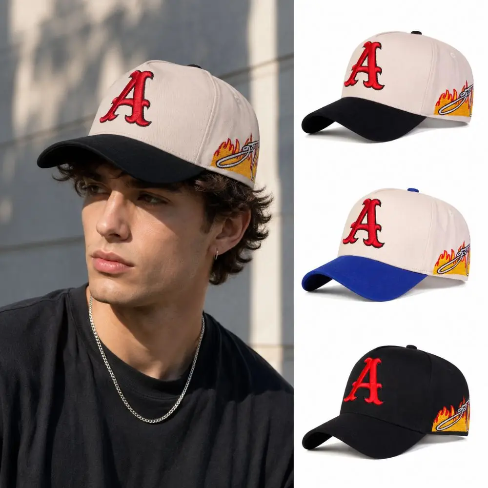 Casual Flame Baseball Cap Red Letter A Embroidery Adjustable Dad Hat Cotton Hip-hop Streetwear Cap For Men Women