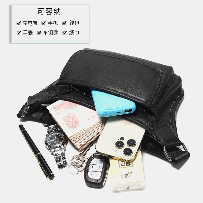 Marsupio da uomo in vera pelle di mucca di lusso leggero, borsa a tracolla a tracolla, stile motociclistico casual versatile, borsa da petto di alta