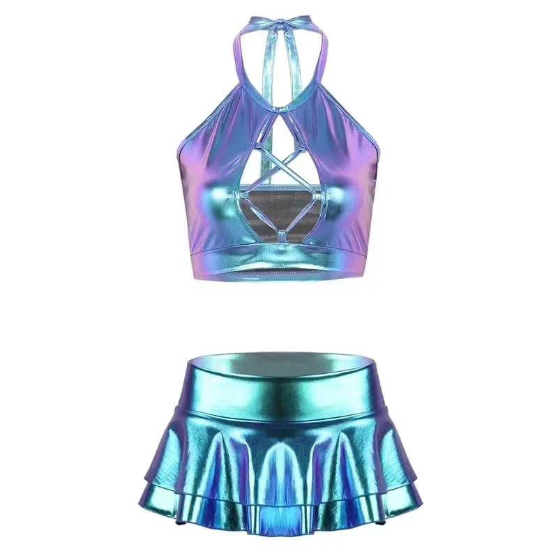 

Nightclub Metallic Silver Crop Top Mini Skirt Set Pole Dance Clothing Rave Festival Gogo Dancer Outfit Drag Queen 2024 Blue Gold