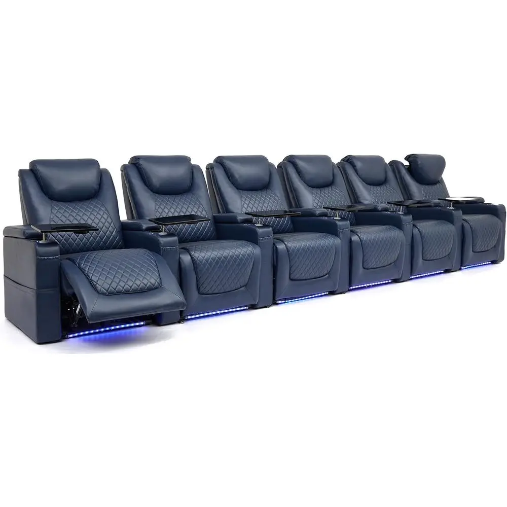 

7-местные кресла-реклайнеры для домашнего кинотеатра с подсветкой, поддержкой поясницы, боковыми карманами, откидными столиками, электроприводом, синие