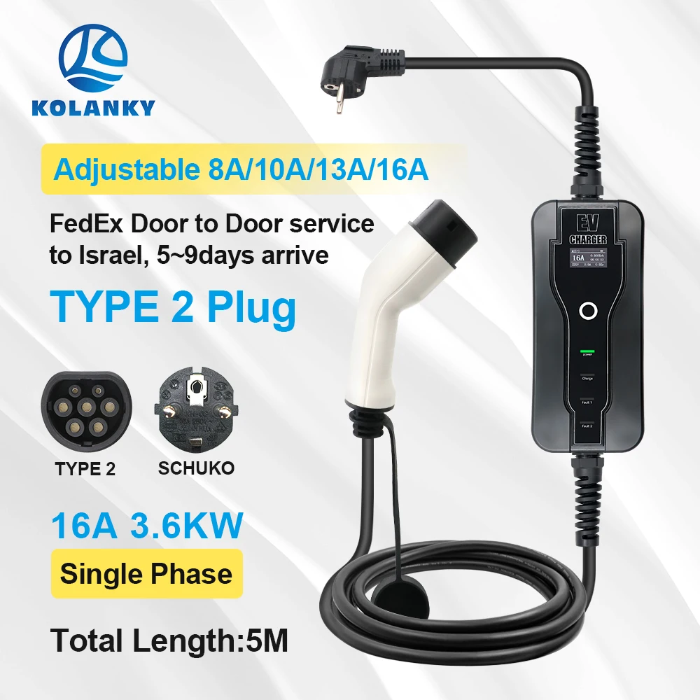 

Type 2 Protable EV Charger IEC62196 3.6KW 16A 1 Phase Electric Car Current Adjustable 6/10/13/16A 5Meters Charging Cable